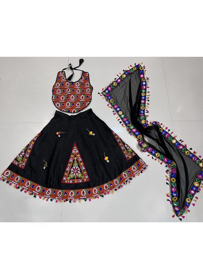 Art Silk Black Navratri Wear Kutchi Work Readymade Kids Lehenga Choli